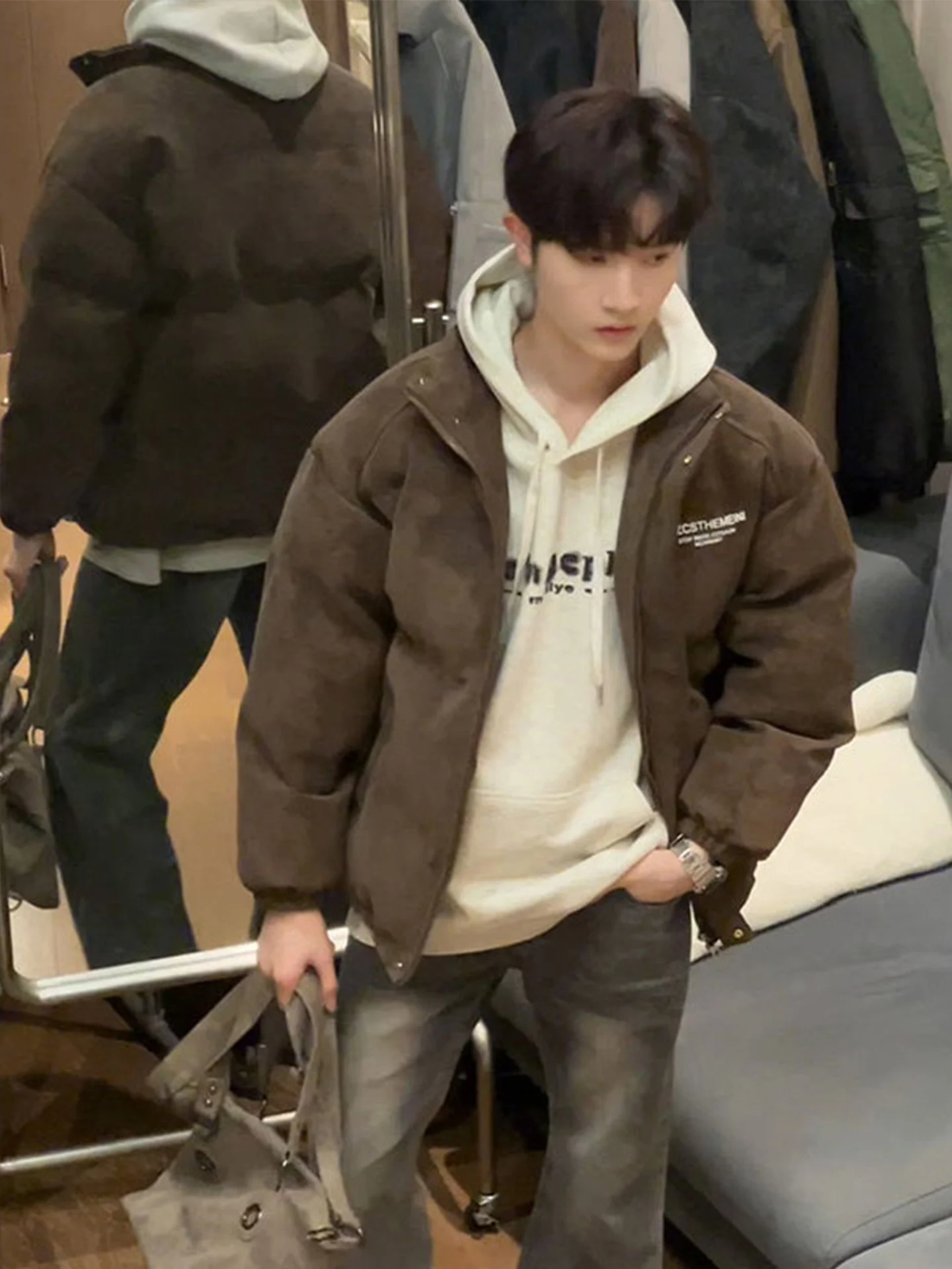 معطف Cie Brown ort Thiened من الجلد للرجال شتوي مصبوغ دافئ من القطن الأمريكي معطف رجالي كاجوال طويل Sve بسحاب #2