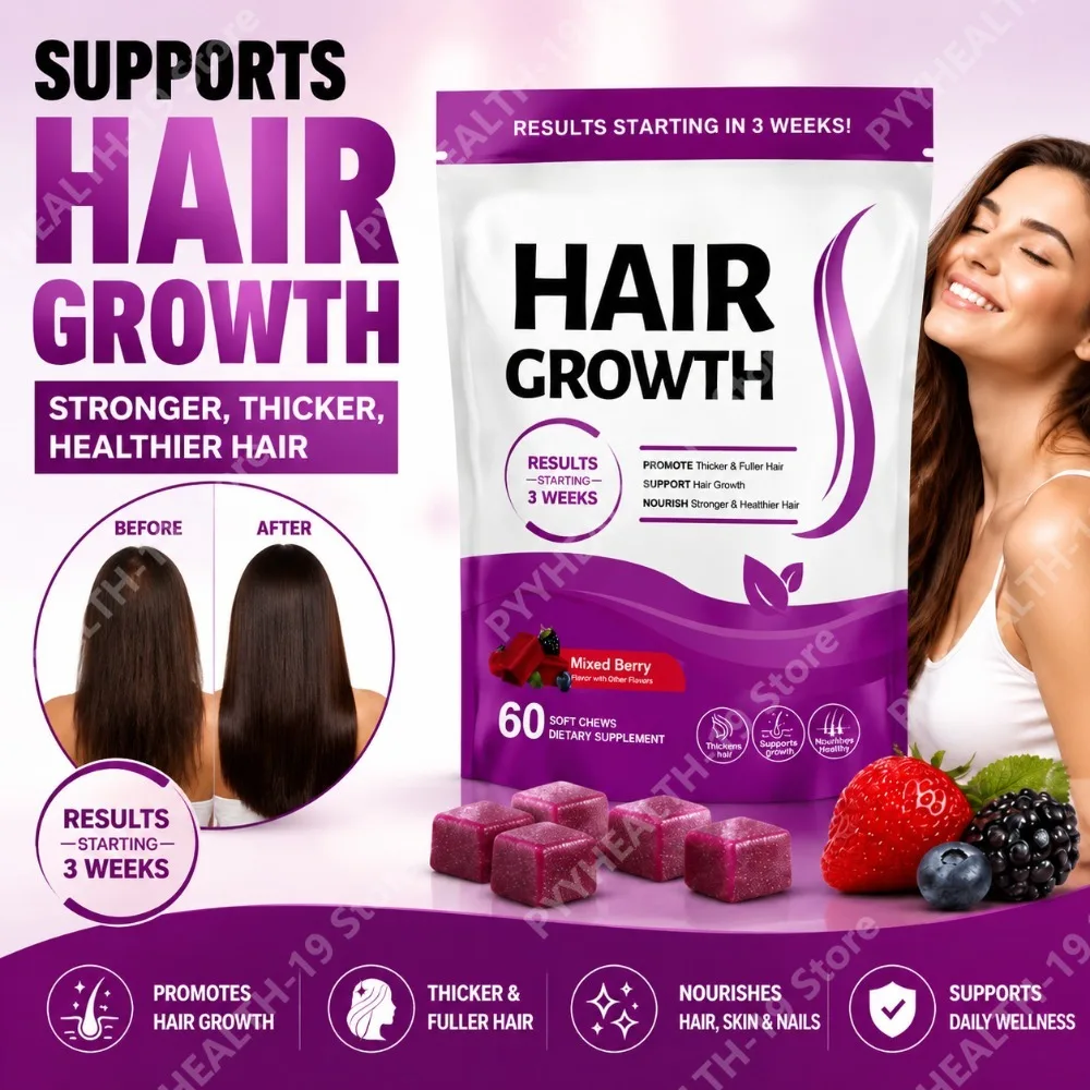 Hair Growth Soft Chews with Biotin, Vitamin C, E & Arginine for Thicker, Fuller Hair & Nails Support, Adults, 60 Soft Chews