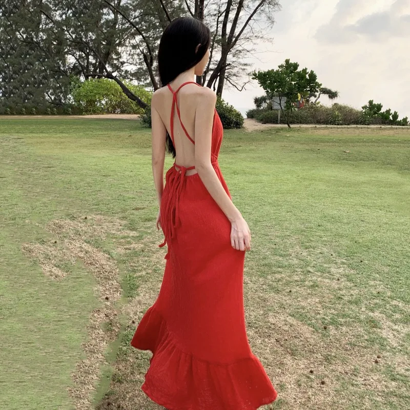 

NEW Halter Backless Beach Formal Dresses Elegant Ladies Long Boho Lace Dress 2024 Summer Slim Women's Bridesmaid Chic Sundress