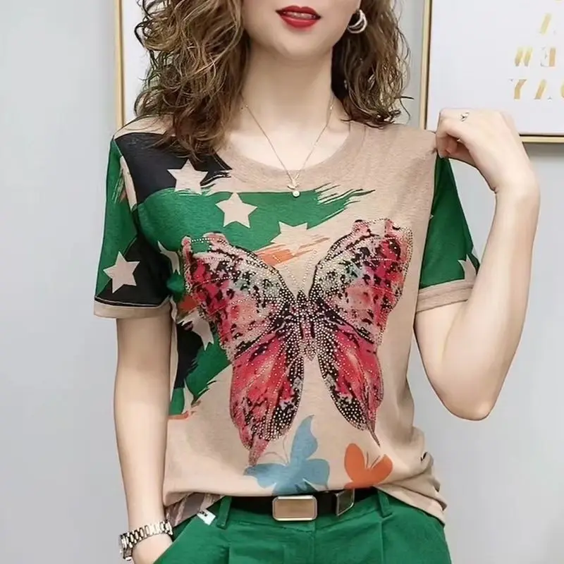 

Female Clothing Butterfly Printed Pullovers Vintage Casual O-Neck Short Sleeve 2024 Summer Loose Stylish Spliced Commute T-shirt