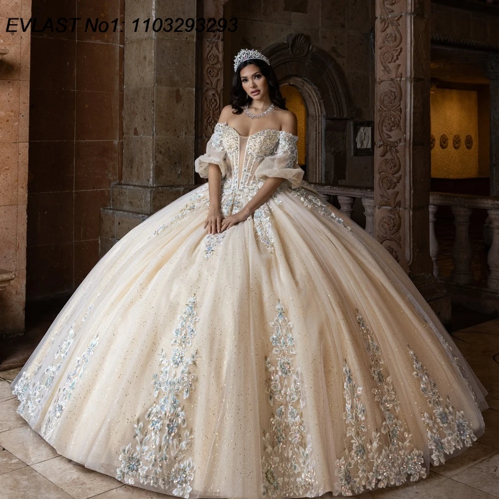 

EVLAST Customized 2025 Shiny Champagne Ball Gown Quinceanera Dress Lace Applique Beading Bow Sweet 16 Vestidos De 15 Anos E1QN12