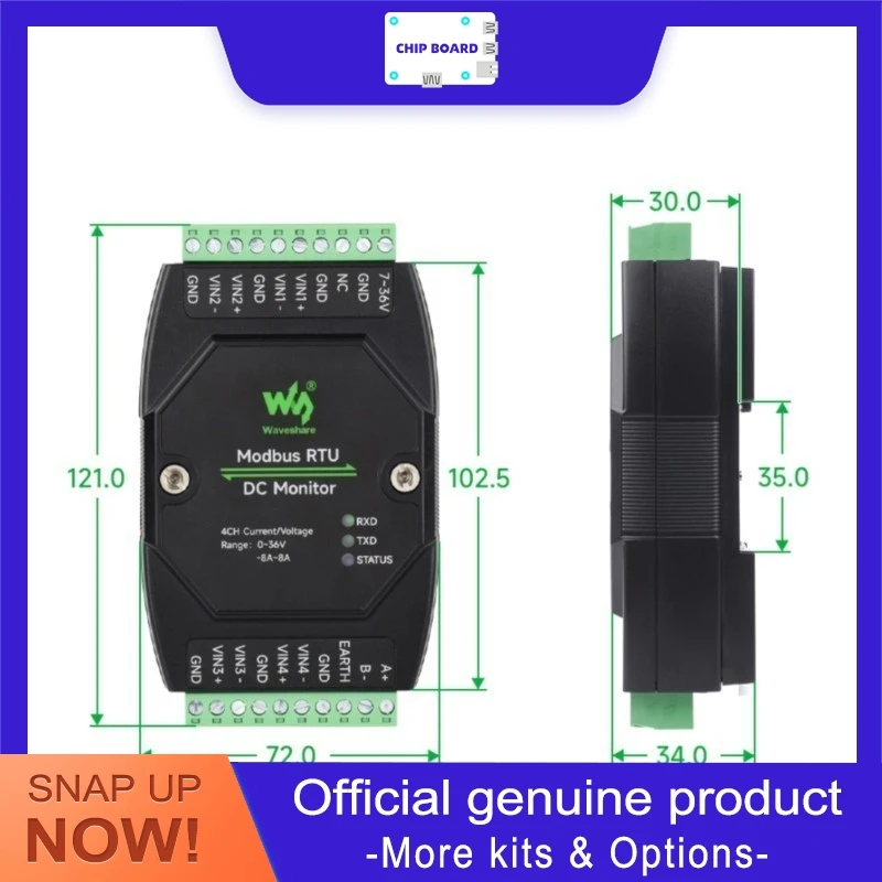 

Модуль мониторинга сигналов постоянного тока Waveshare 4CH, 16-битное прецизионное измерение, измерение напряжения и тока, поддержка Modbus RTU