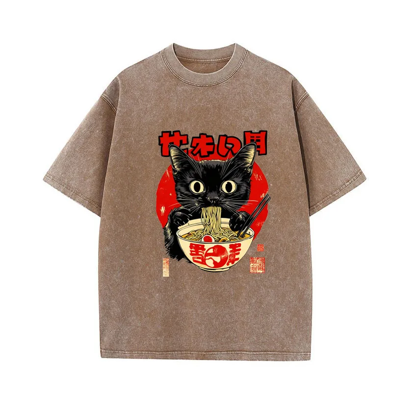 

Vintage Washed Graphic Tees Cat Ramen Japanese Funny Graphic Printed Men Harajuku Cotton Casual Short Sleeve Tshirt Tops Unisex