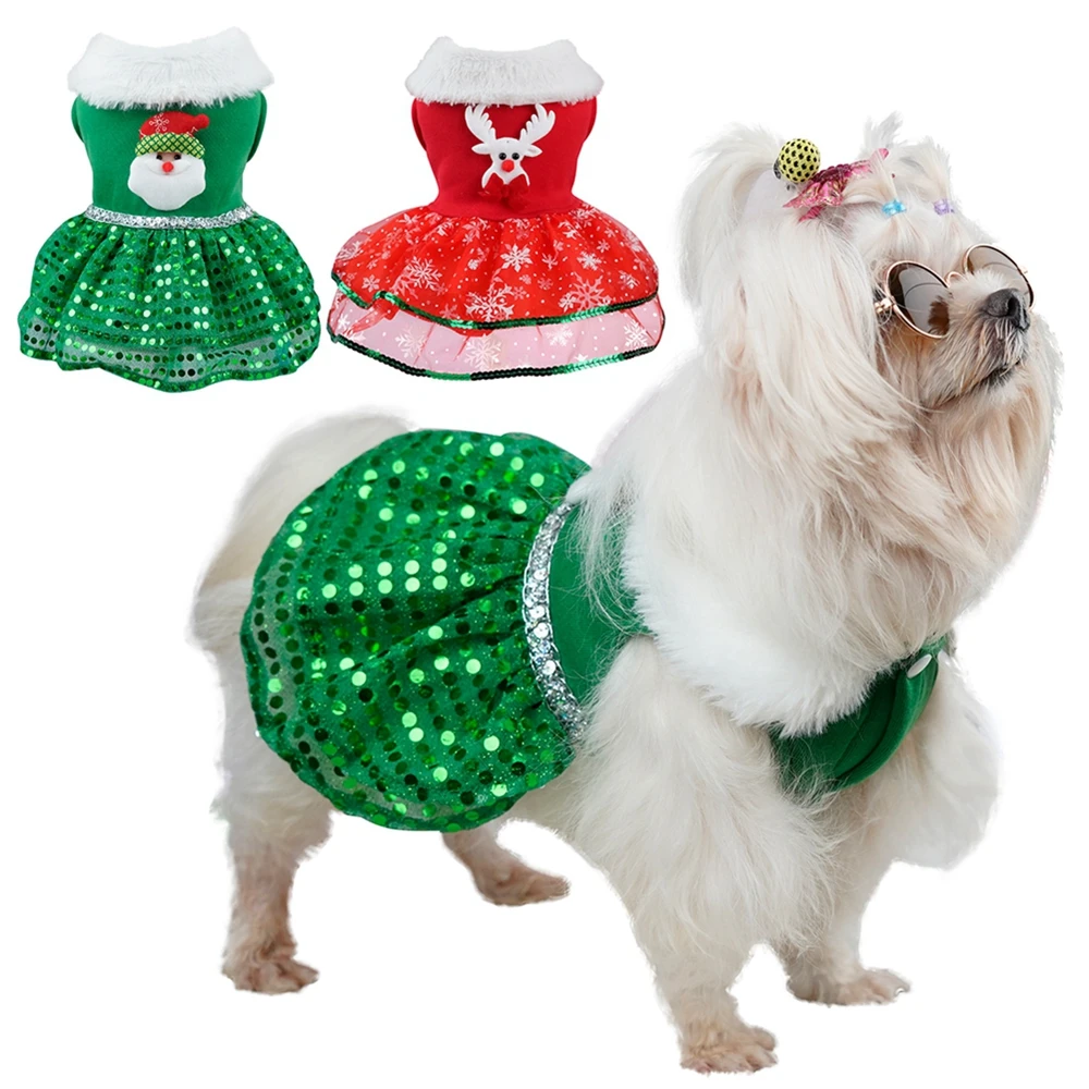 Dog Christmas Outfits Girl Dog Holiday Dress Lightweight Doggie Costume Puppy Clothes Pet Apparel with Fur Collar Cat Clothing