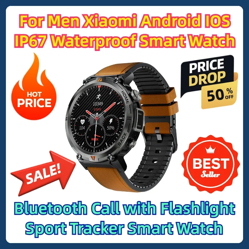 

For Men Xiaomi Android IOS IP67 Waterproof Smart Watch Bluetooth Call with Flashlight Sport Tracker Smart Watch