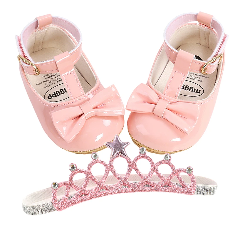 

Baby Girl’s PU Toddler Shoes or Fashion Solid Color Bow Rubber Sole Casual Shoes and Headband Set