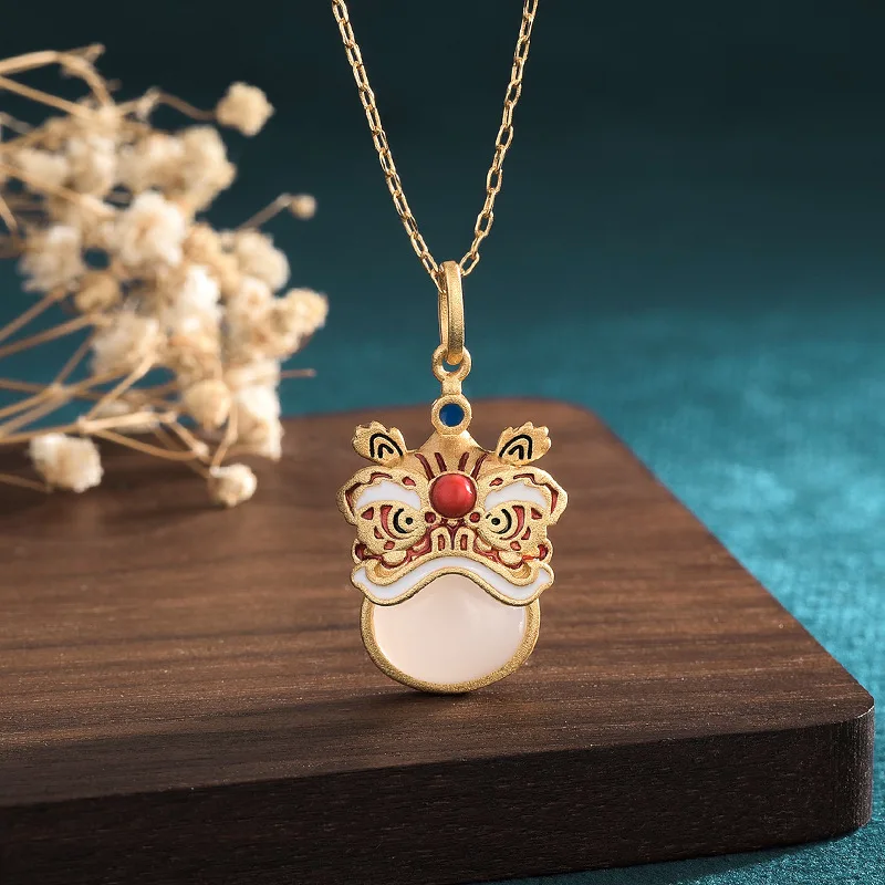 

New Year China Style Awakening Lion Necklace Cloisonne Enamel Color Craft Synthetic Jade Collarbone Chain Necklaces Jewelry Gift