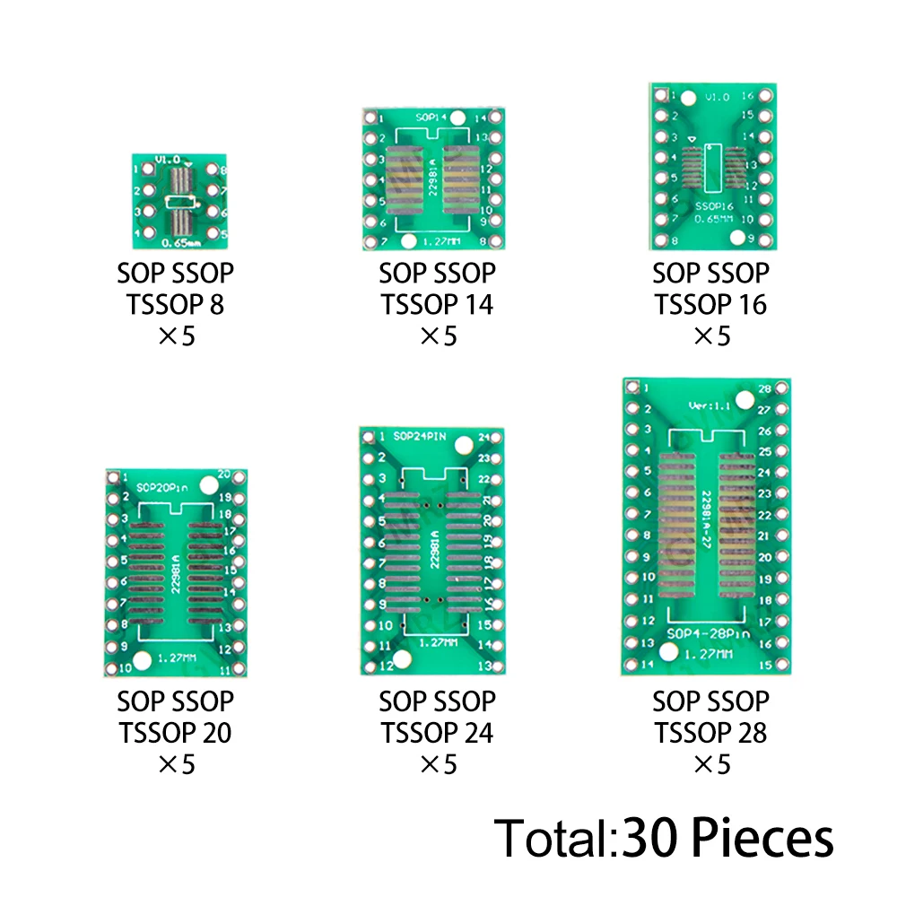 30PCS 6Values SOP SSOP TSSOP PCB Adapter Board Kit for SOP8/14/16 IC Prototype DIY Electronic Project 20/24/28