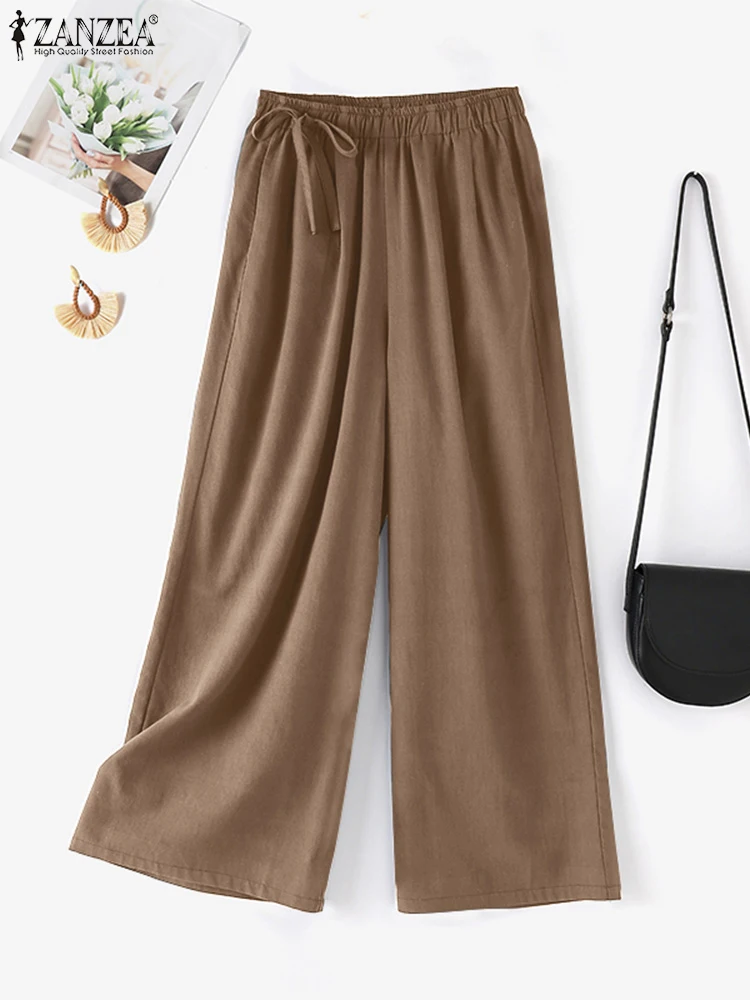 

ZANZEA Casual Loose Elastic Waist Wide Leg Pants Lace-Up Women 2024 Summer Cotton Pantalon Solid Color Fashion Commute Trousers