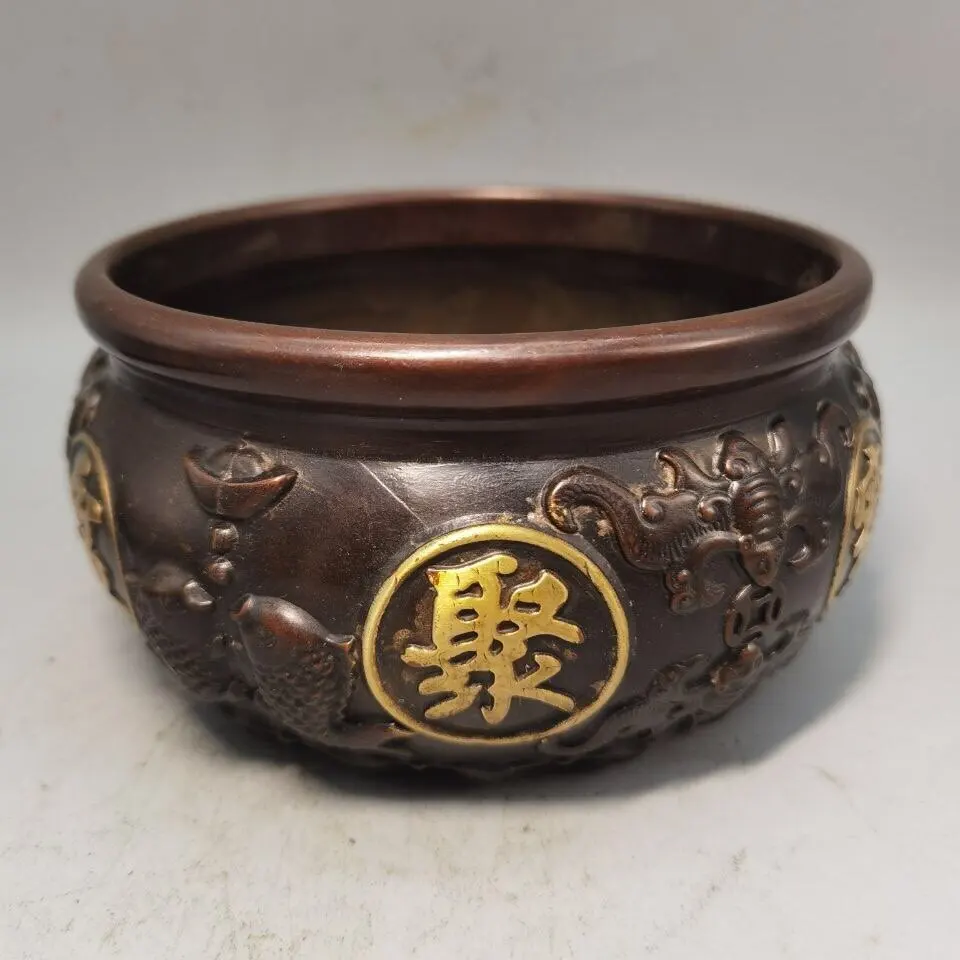 Antique Copper Gold Incense Burner Censer with Fortune Basin for Altar Use