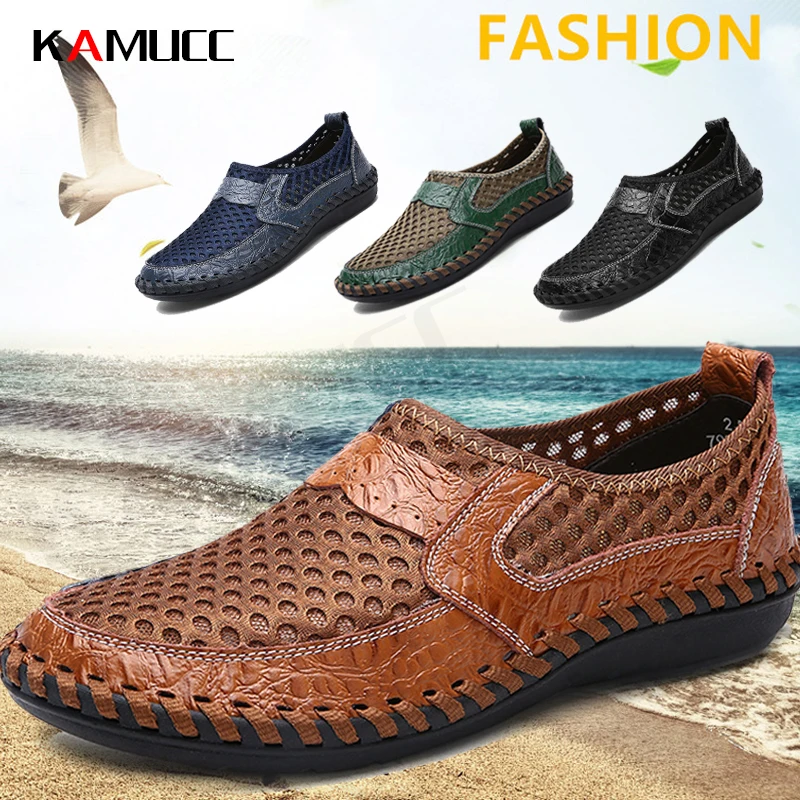 

New Summer Men Casual Shoes Breathable Letaher Shoes Men Loafers Soft Flats Sandals Handmade Male Driving Shoes Large Size 38-50