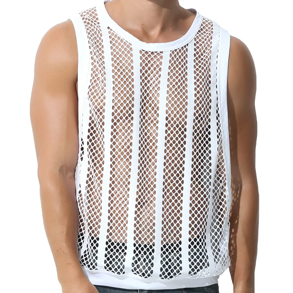 Stretch Large Size Mesh Tops Men\'s Casual Hollow Out Sexy Vest Streetwear Men\'s Muscular Tank Tops Gym Clothing