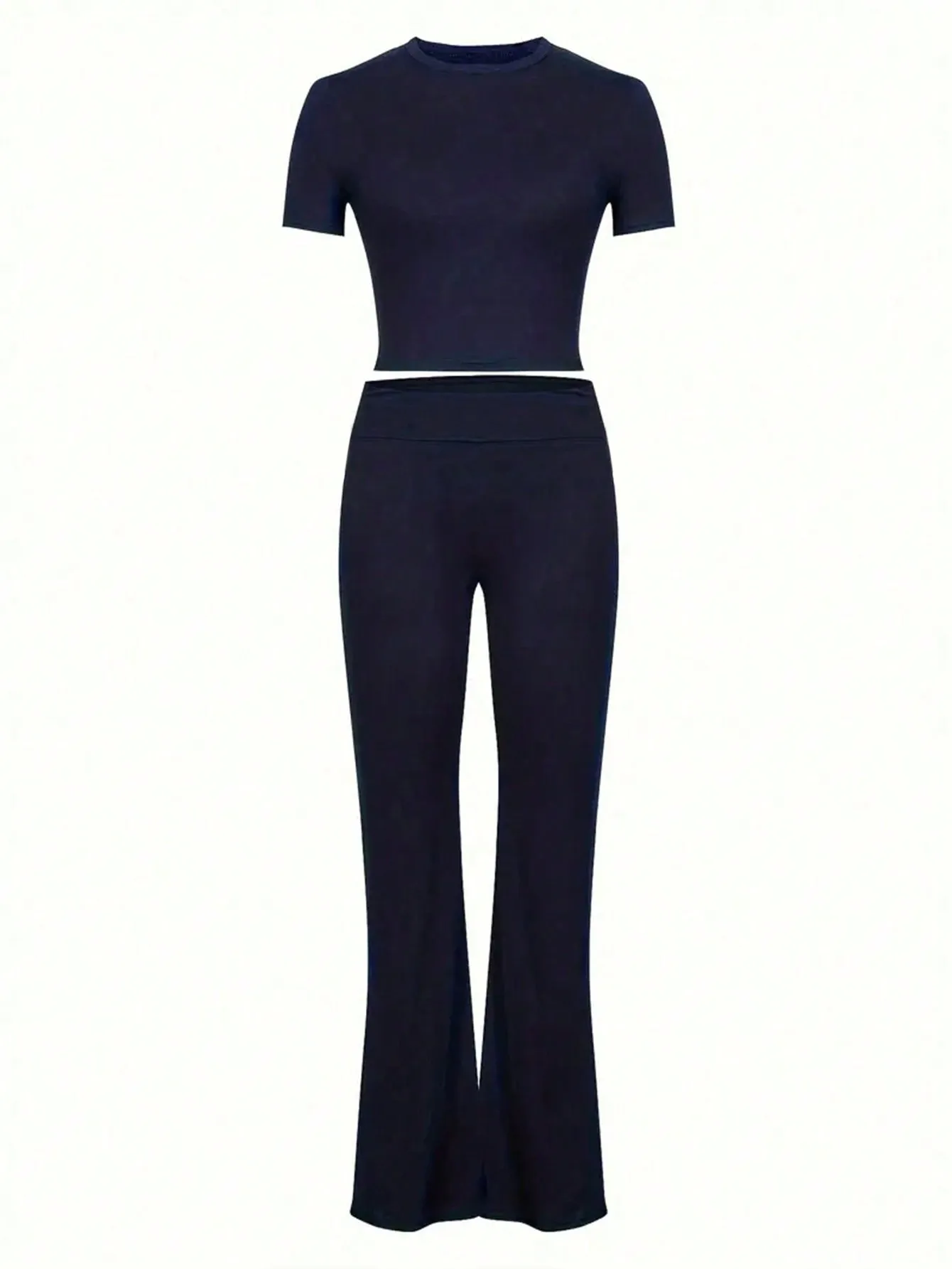 Marineblauwe crop-top met korte mouwen en uitlopende legging, tweedelige set, slanke pasvorm, hoge elasticiteit