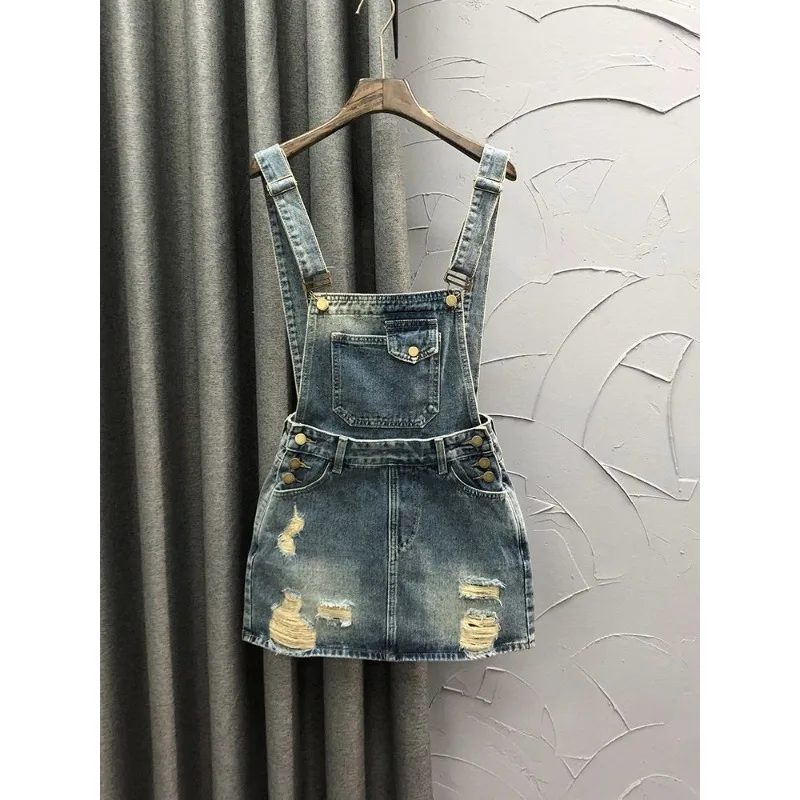 American Retro Ripped Denim Strap Skirt Women's Summer  Fashion Foreign Style Age-reducing A-shaped Skirt High Appearance Level