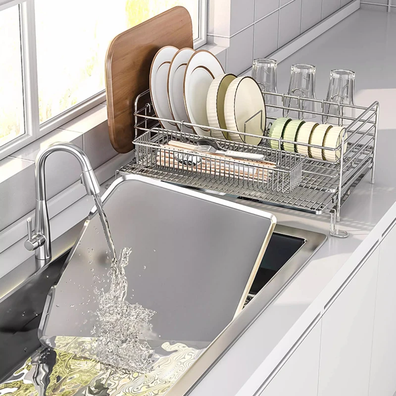 

Сушилка для посуды из нержавеющей стали 304, 2-уровневый расширяемый органайзер для раковины для посуды, кухонная столешница, экономия места для хранения