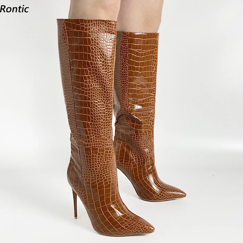 

Rontic Handmade Women Spring Knee Boots Crocodile Unisex Stiletto Heels Pointed Toe Beautiful Brown Dress Shoes US Size 5-16