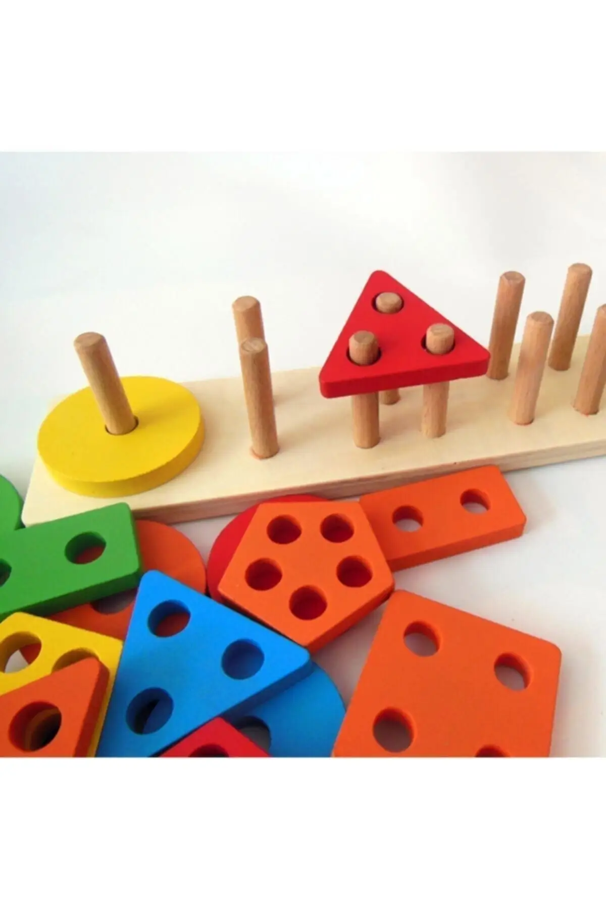 Wooden Educational Tutorial 5 Piece Geometric Shape Placement Find and Plug Game