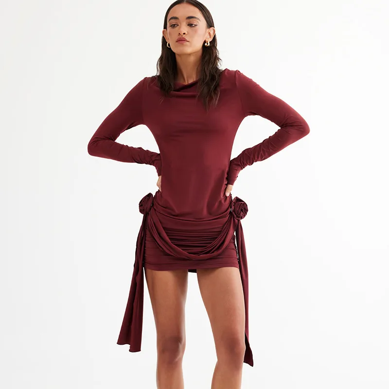 

Off Shoulder Mini Dress Long Sleeve Bodycon Ribbon Flower Trim Sexy Women Party Night Out Fashion Spring/Summer 2026