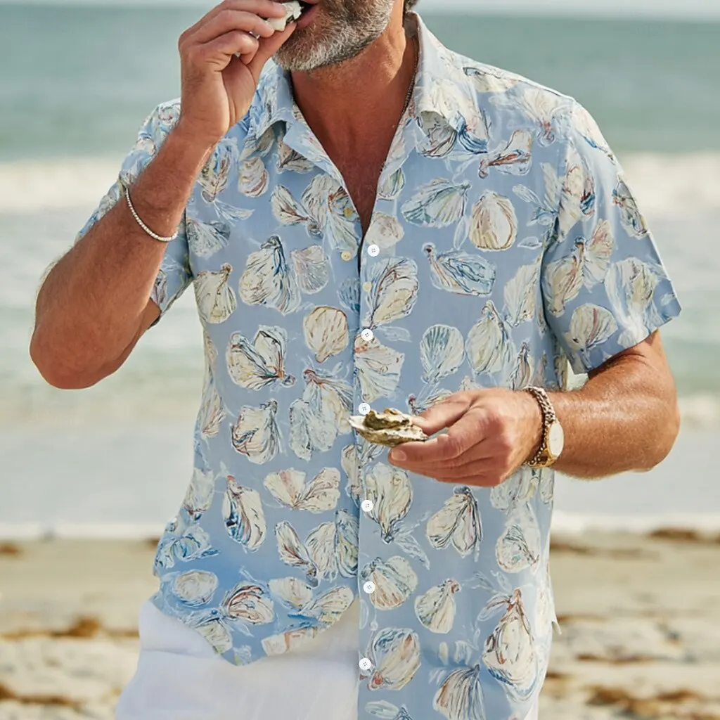 

Men's Short Sleeve Button Up Hawaiian Shirt Shell Sea Creatures 3D Print Turndown Collar Beach Tops Blue Pink Green Summer