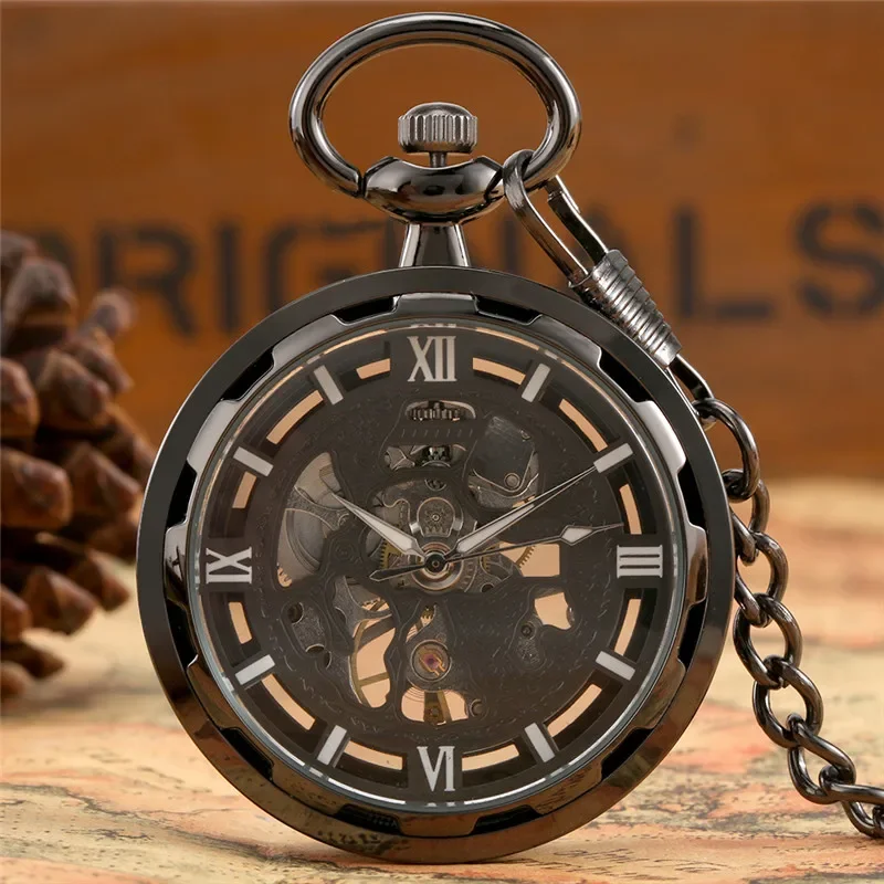 Steampunk Black Roman Numerals Dial Unisex Handwinding Mechanical Pocket Watch Open Face with Pendant Chain Timepiece Gift