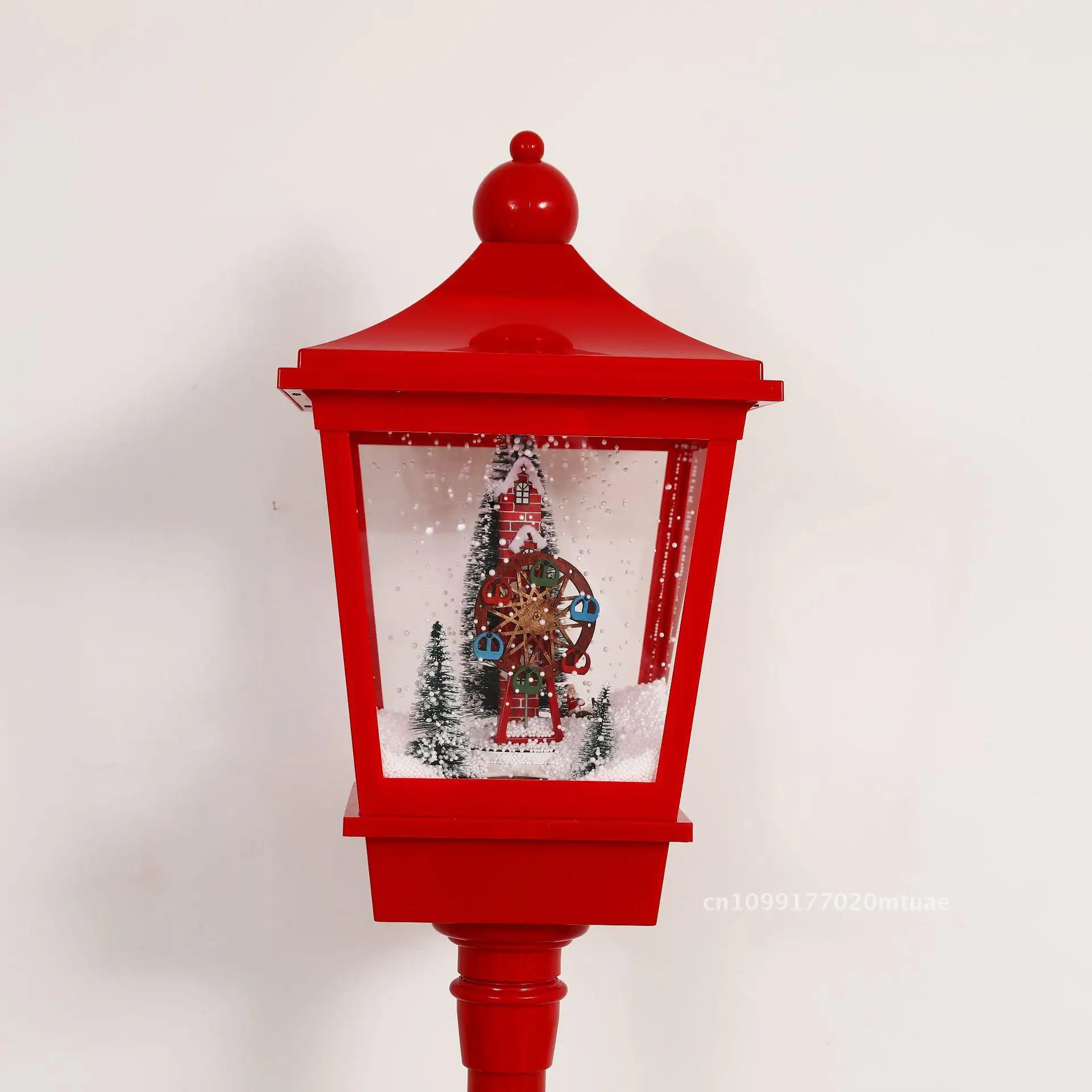Christmas Snow Street Light with Interior Music Large Scene Holiday Decoration Red Green Carousel Ferris Wheel Snowmobile