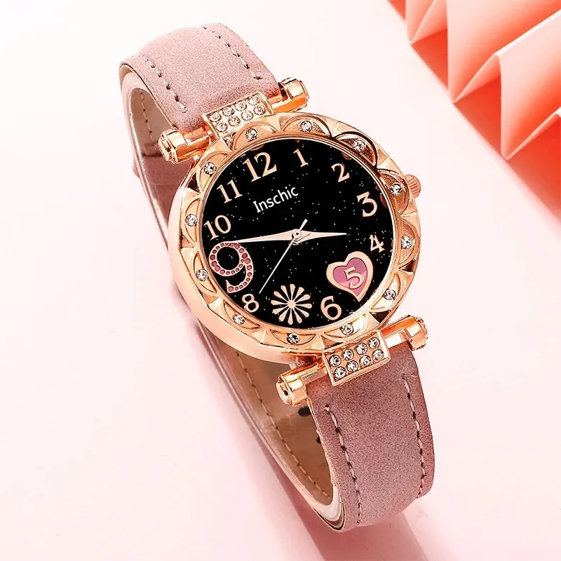 Reloj de cuarzo a la moda para Mujer, pulsera analógica de lujo con banda de cuero rosa, Conjunto de Reloj para Mujer