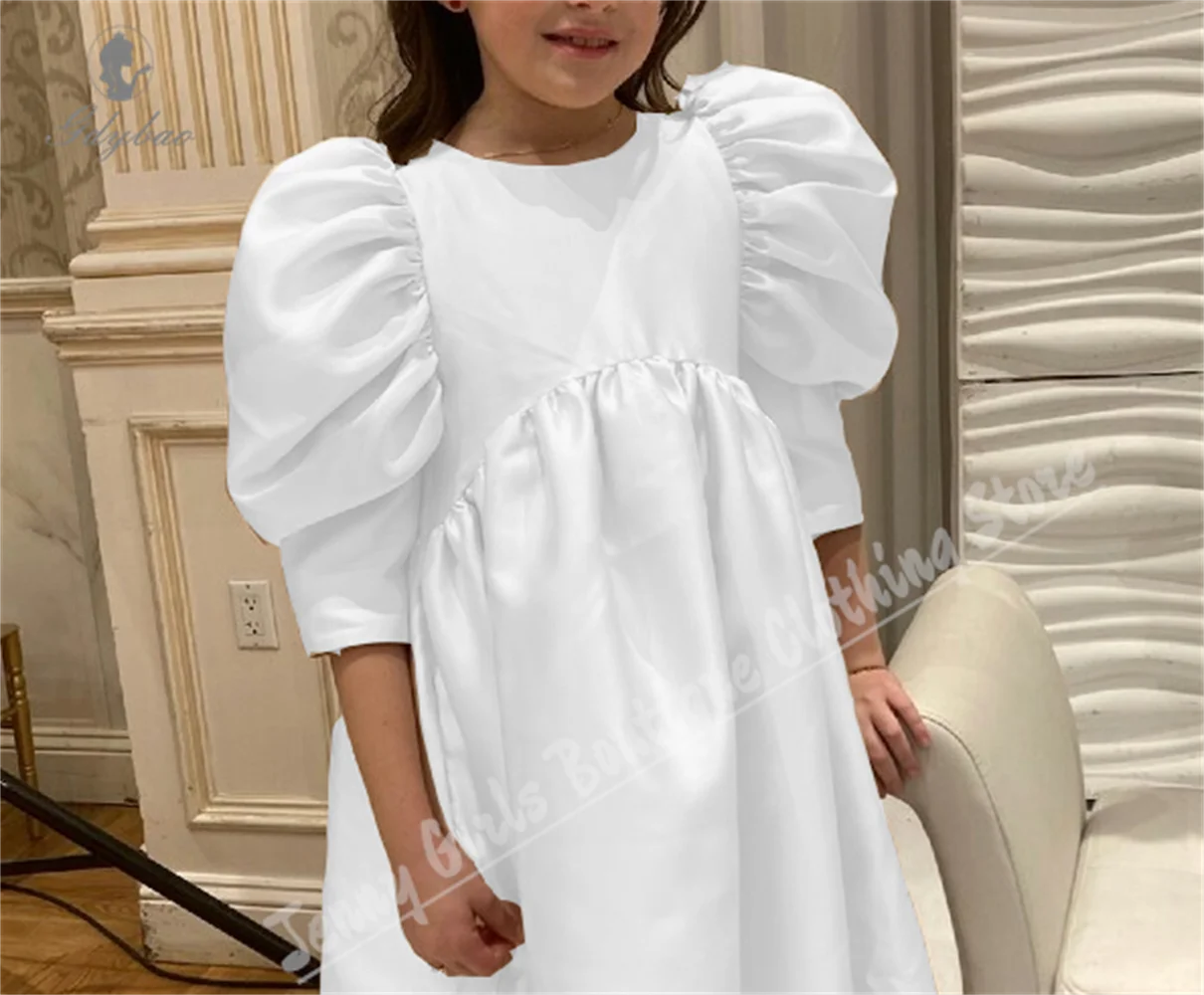 

Custom White Satin Party New Flower Girl Dress Puffy Sleeves For Wedding Bridesmaids Kids Birthday Communion Dresses