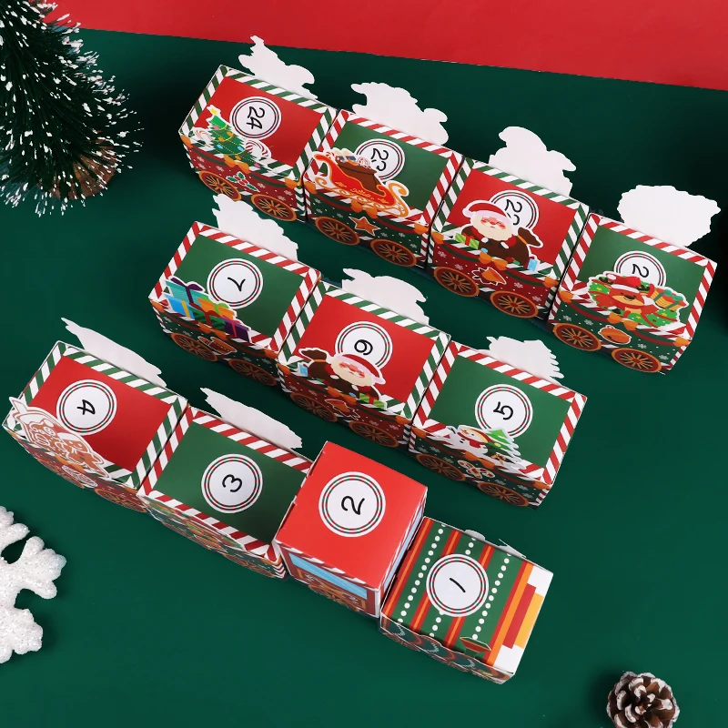 24pcs/Set Small Train Shaped Gift Box Digital Stickers Christmas Arrival Calendar Xmas Gift Packaging Supplies Home Decoration