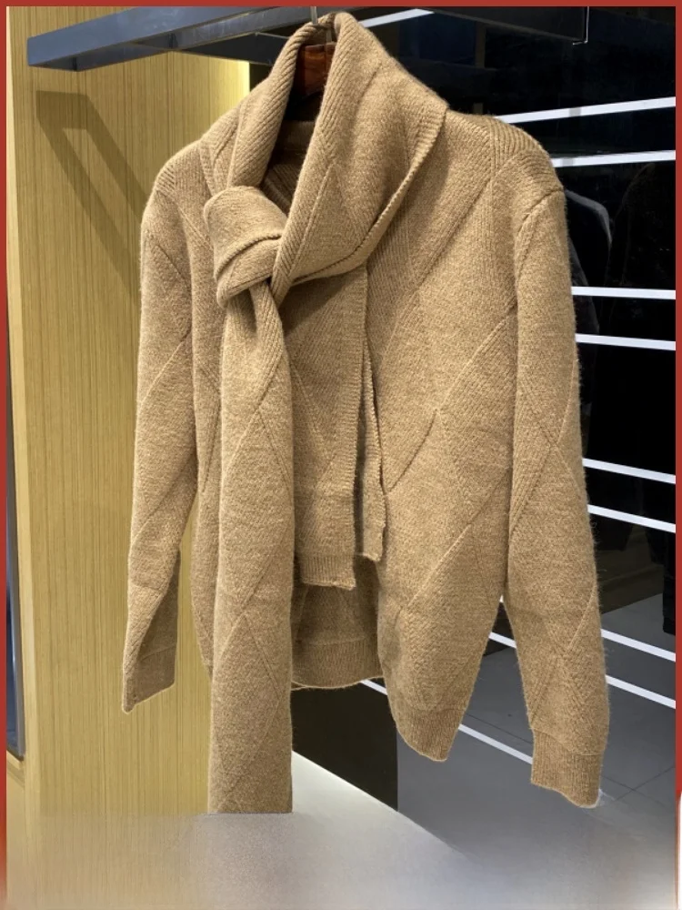 

Удобный вязаный свитер со встроенным шарфом, повседневная базовая мужская осенне-зимняя теплая шерстяная одежда Faion Ci Sle Long Sve...