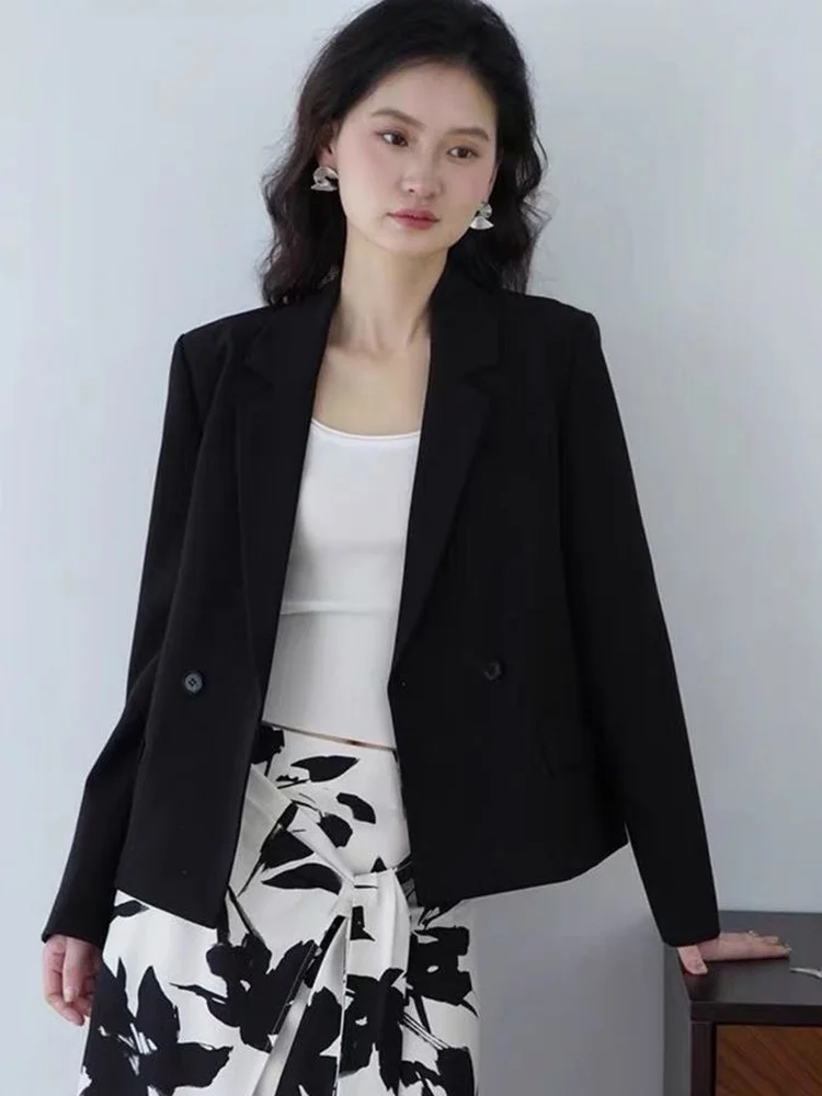 Elegancka, dopasowana marynarka damska w stylu vintage, koreańska, z długim rękawem, casualowy żakiet, retro, gładka, prosta, zapinana na podwójne guziki, do biura.