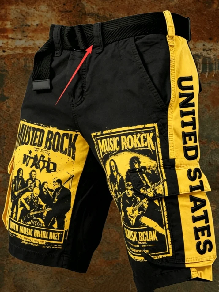 

Men Summer Punk Cargo Shorts Loose Fit Multi Pockets Casual Beach Shorts with Belt Streetwear