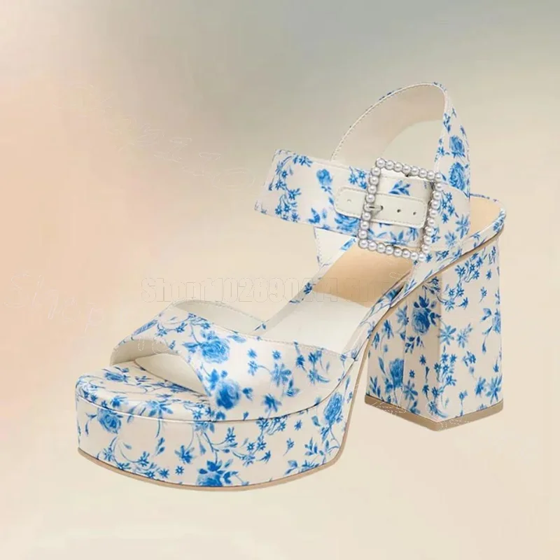 

Blue and White Porcelain Open Toe Platform Sandals Buckle Strap Women Shoes Chunky High Heels New Party 2025 Zapatos Para Mujere