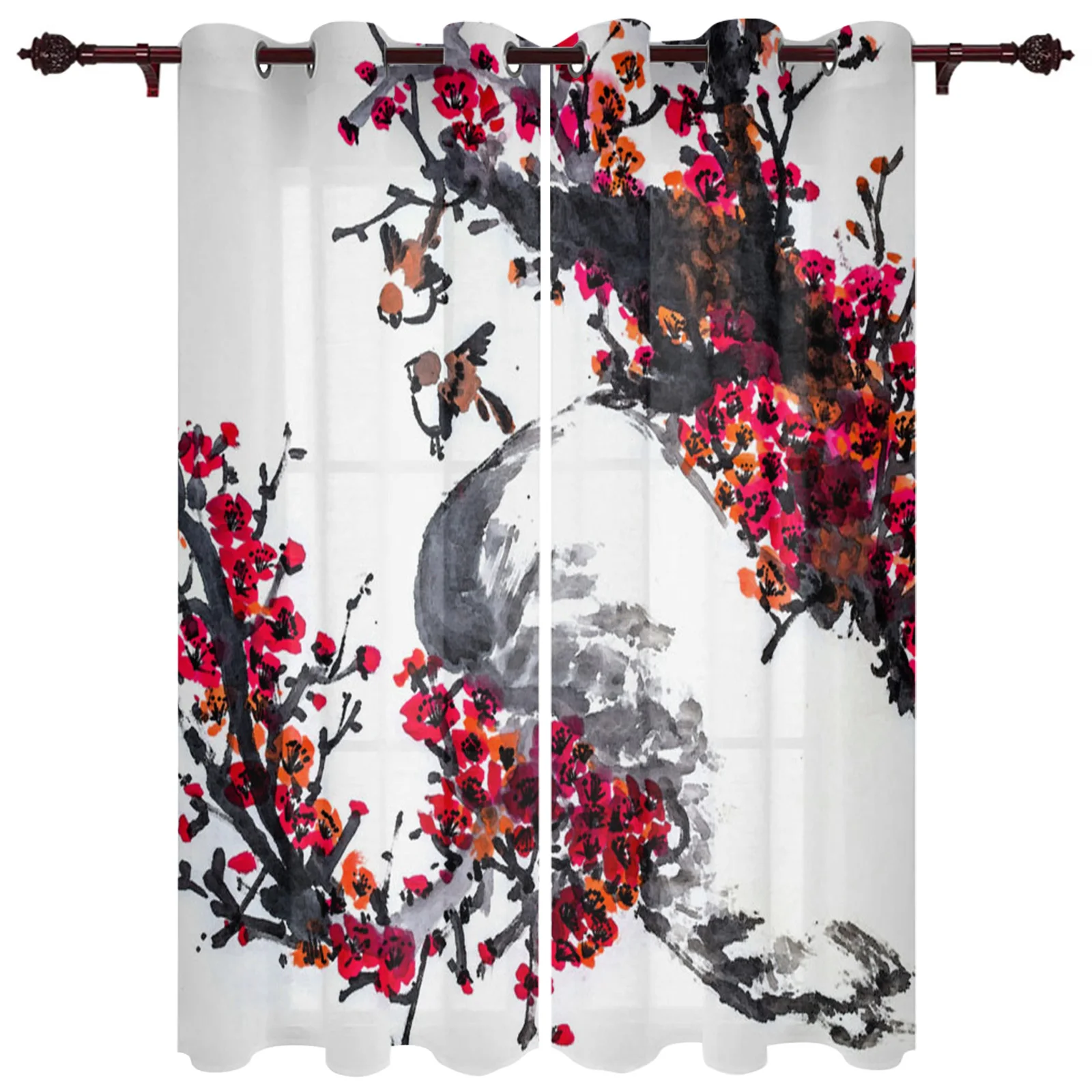 Ink Painting Sparrow Plum Blossom Chinese Style Curtains for Bedroom Living Room Drapes Kitchen Window Curtain Home Decor