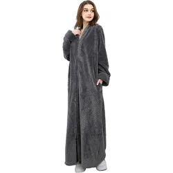 Womens Fleece Robe Plush Long Zip Front Bathrobe with Pockets Warm Soft Zippered Bathrobes for Women Nightgown Sleepwear