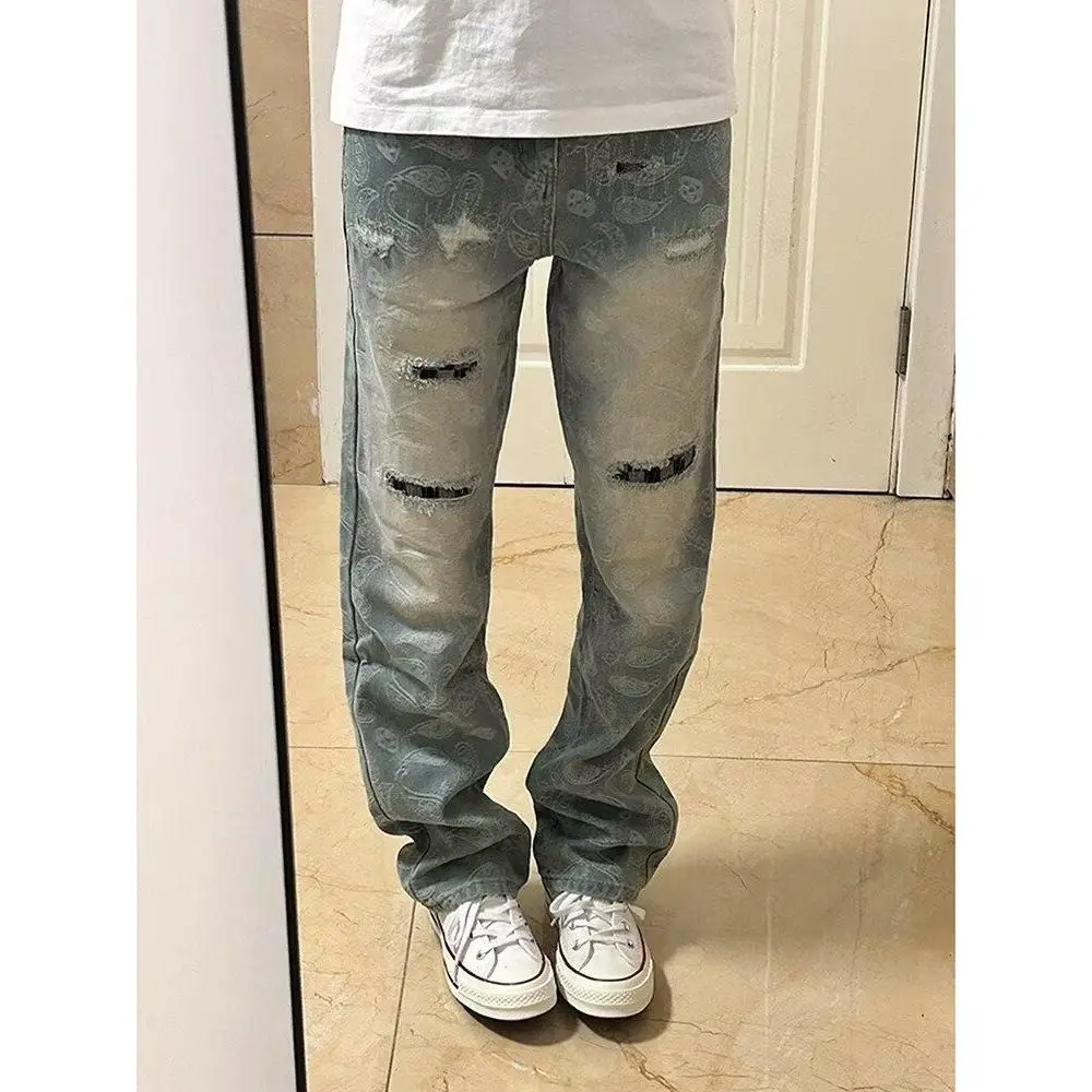 

Мужские джинсы в стиле ретро, американского уличного стиля, свободного кроя, модные, с эффектом потертости, слегка расклешенные, прямые, с нашивками, длинные брюки