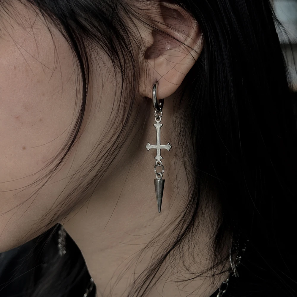 1 Pair of Y2K Punk Earrings Silver Inverted Cross Cone Spike Huggie Drop Earrings Gothic Aesthetic Jewelry
