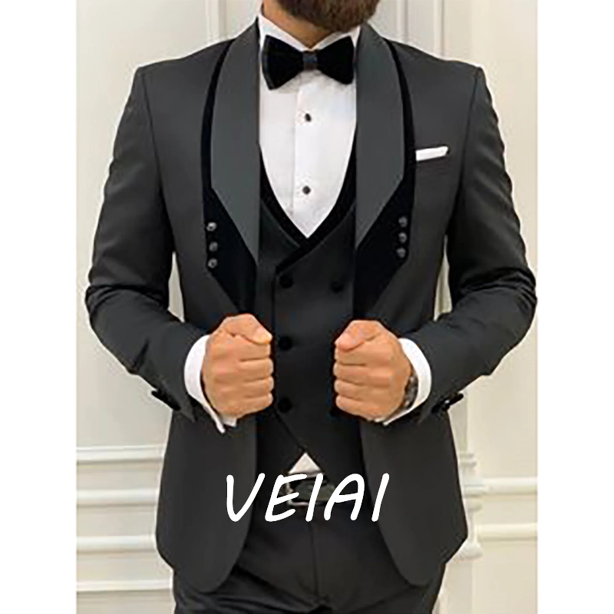 

Men Suits Black Regular Fashion Elegant Shawl Lapel Jacket Pants Vest Three Piece Slim Fit Casual Prom Costume Hommes Custom