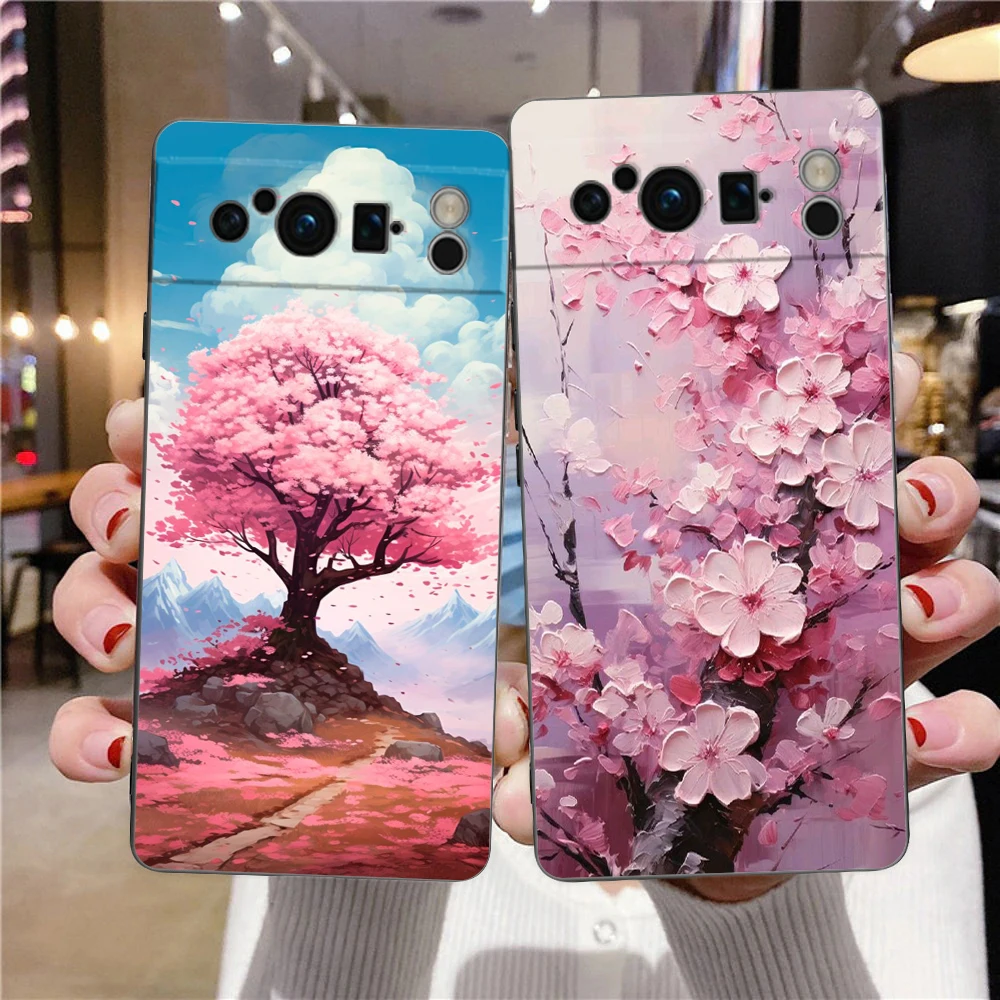 Phone Case For Google Pixel 8 7 6 Pro 8A 7A 6A TPU Shell Soft Silicone Shockproof Black Cover Cherry Blossom Tree