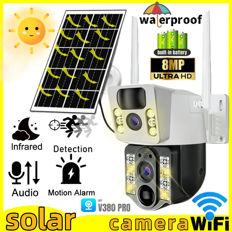 8MP HD كاميرا تعمل بالطاقة الشمسية واي فاي كاميرا IP CCTV 360 درجة مراقبة فيديو مراقبة AI PIR كشف الإنسان تعمل بالطاقة الشمسية في الهواء الطلق IP66