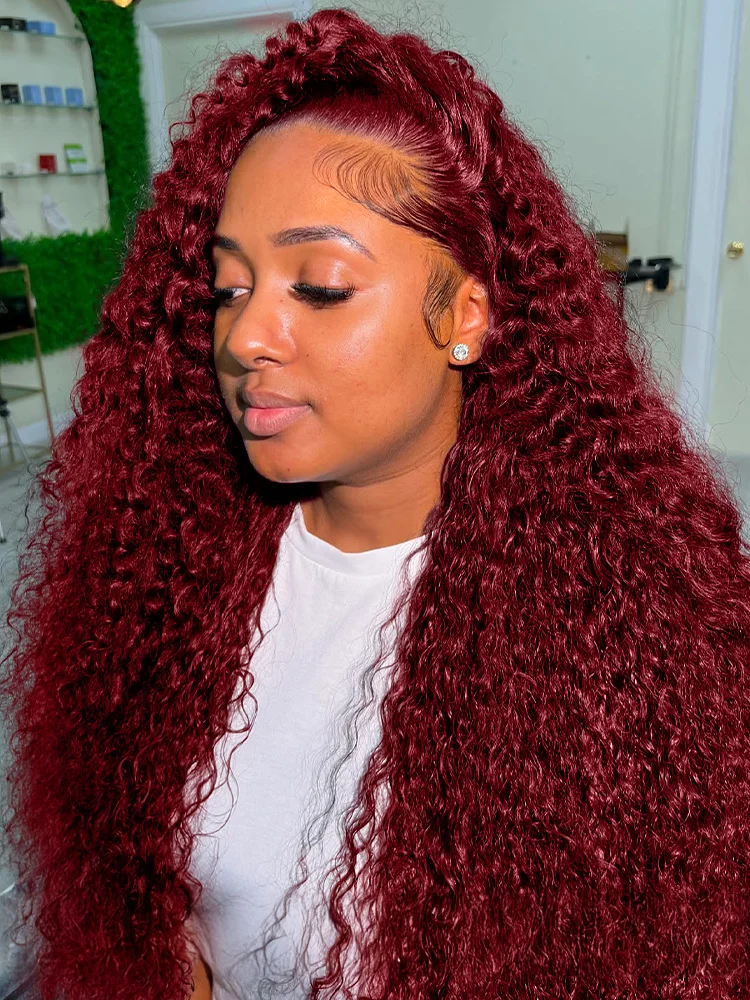 99J Burgundy 13x6 Deep Wave Lace Front Wig Water Wave Human Hair Red Color 13x4 HD Transparent Lace Frontal Curly Wigs For Woman