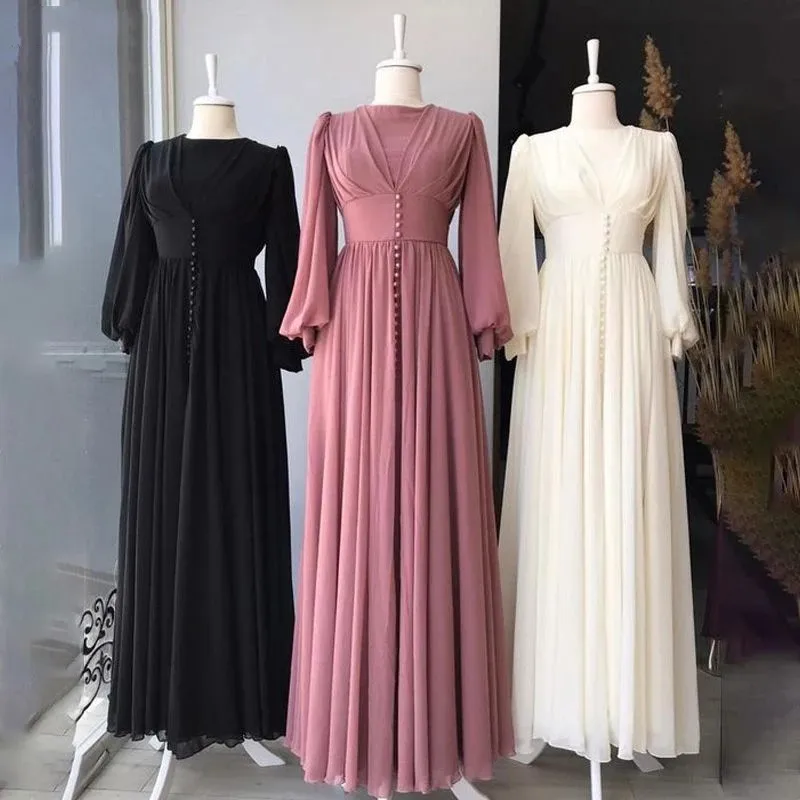 

Muslim Chiffon Modest Prom Dresses A Line Ruffle Pearls Beads Long Puffy Sleeves Turkey Formal Women Evening Gowns Wedding Festa