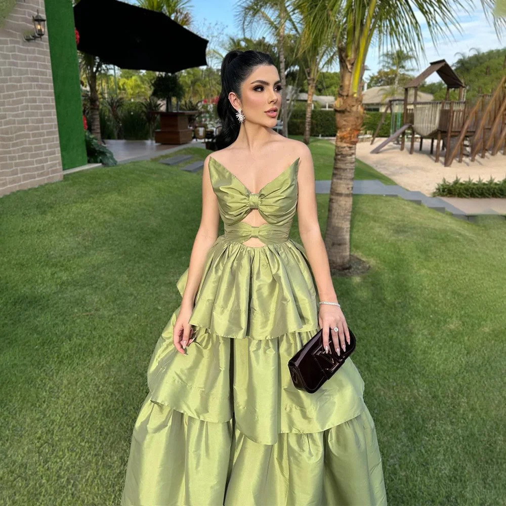 

Fancy Sexy Green V Neck Evening Dress Saudi Arabia Sleeveless A Line Tiered Ruffles Prom Gown Floor Length Custom Made