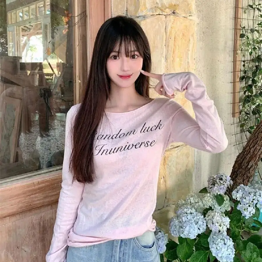 

Korea Niche Letter Printed Long-Sleeved T-Shirt Women Summer New Sweet Spicy Style Design Casual Versatile Slim Top