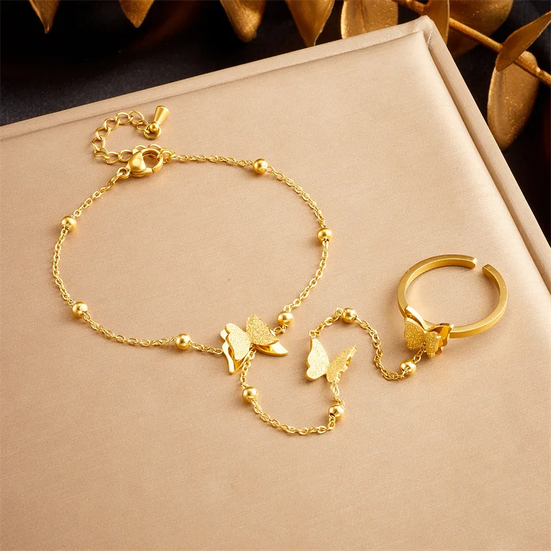 Stainless Steel Scrub Butterfly Link Chain Bracelet Connected Finger Ring  for Women Trend Linked Hand Jewelry Party Gift