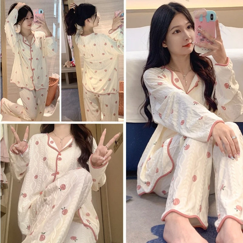 2024 New Pajamas Women Autumn Winter Cartoon Sleepwear Girl Student Cardigan Long Sleeved Homewear Long Pants Loungewear Set