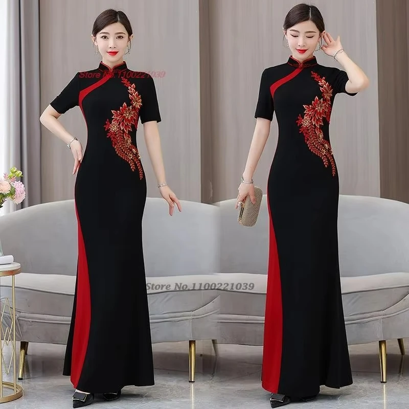 2024 chinese traditional dress cheongsam national flower embroidery improved qipao oriental wedding banquet evening dress qipao