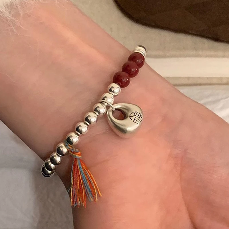 VENTFILLE  925 Sterling Silve Asymmetric Red Agate Bracelet for Women Lock Tassels Bead Retro Ethnic Jewelry Gift Dropshipping
