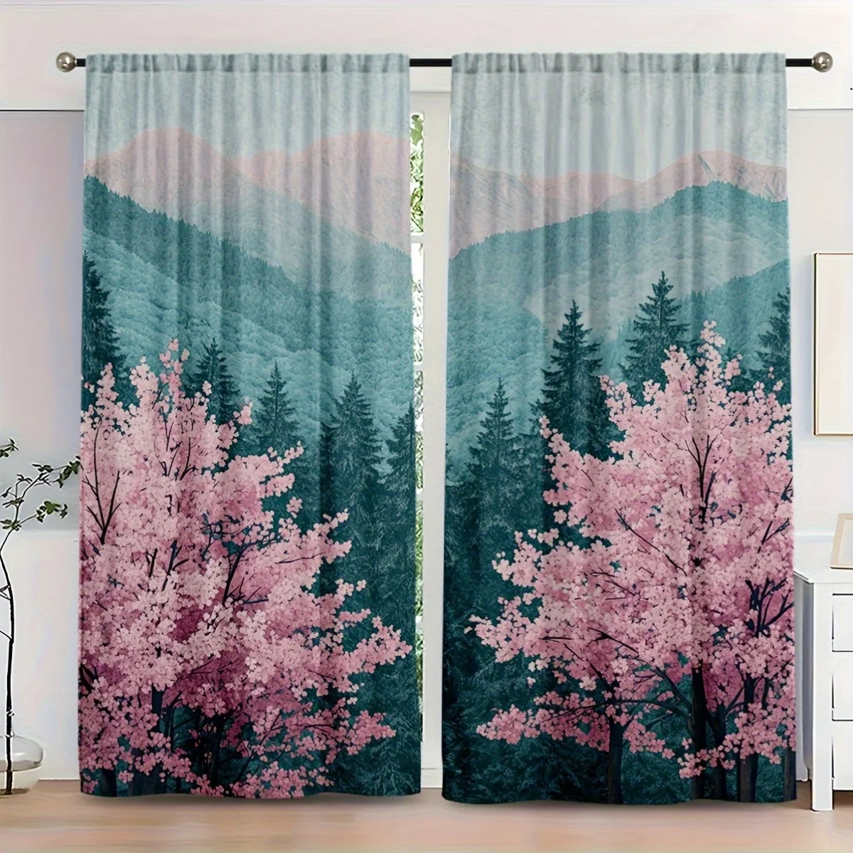 Rideaux Tranquil Mountain & Cherry Blossom, 2 pièces, pétales roses doux avec feuillage vert foncé, rideaux occultants