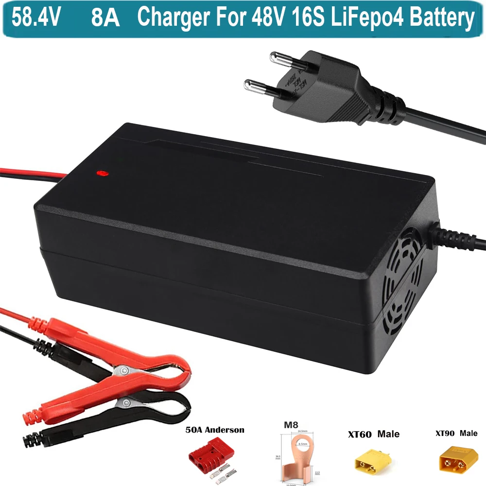 58.4V 8A Lithium Battery Charger 48V 8Amp LiFePO4 Battery Smart Charger Used for 16S 48V 50ah 100ah 150ah 200ah