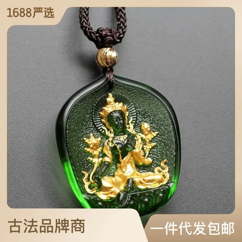 Ancient French Glaze Pendant Green Tara Holy Salvation Buddha Mother Law Association Amulet Necklace Binding Buddha Statue Guany